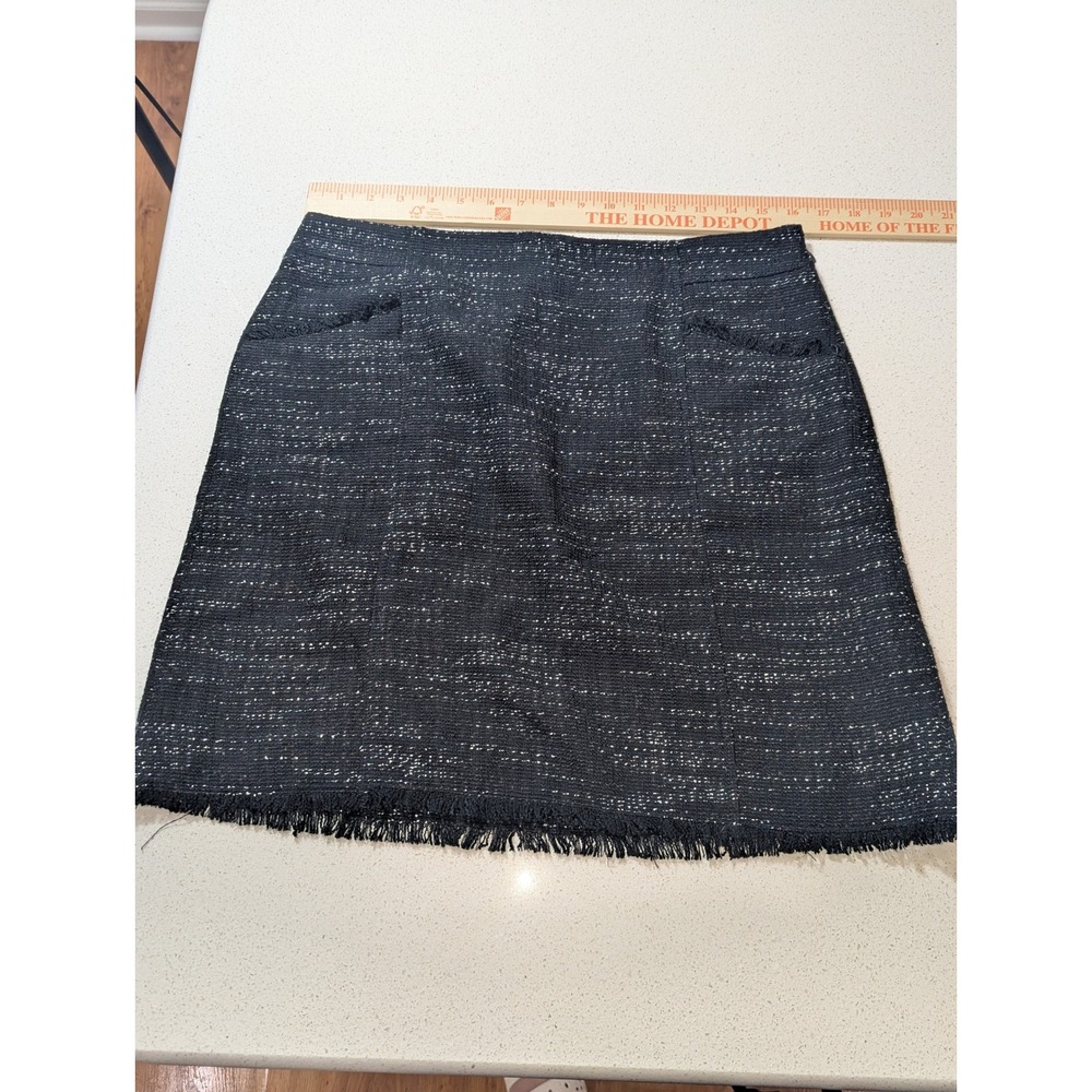 LOFT‎ Tweed Mini Skirt Women 10 Black Excellent Fringe Metallic Textured Pocket